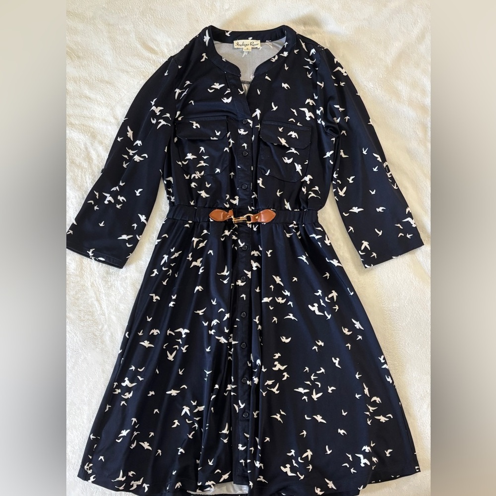Elegant Navy Bird Print Long Sleeve Dress